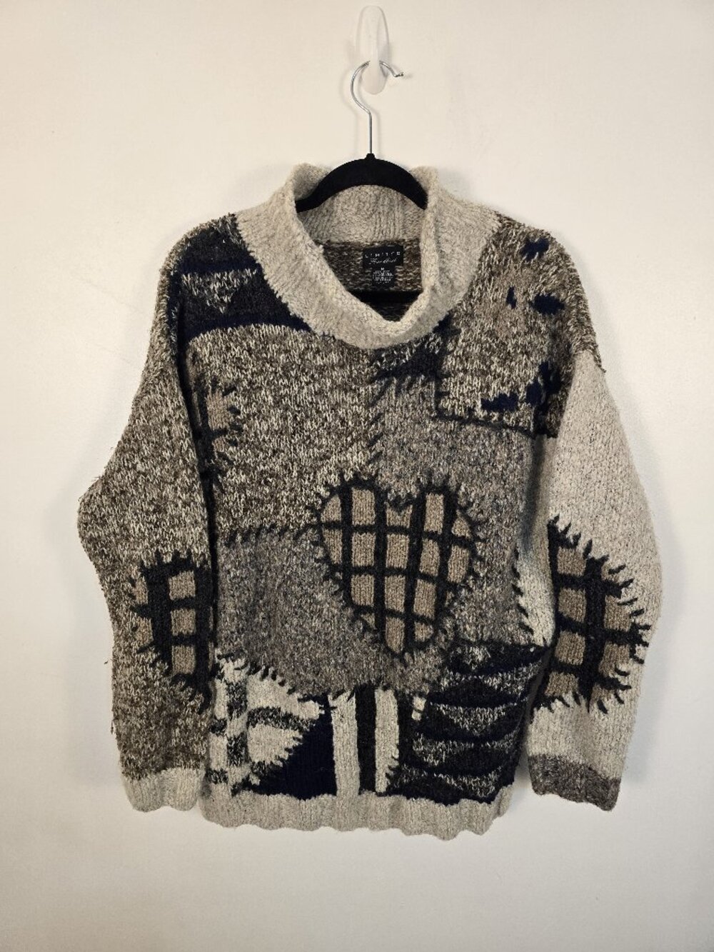 Geometric Heart Patchwork Cowl Neck Wool Sweater Women's M Limited Handknit